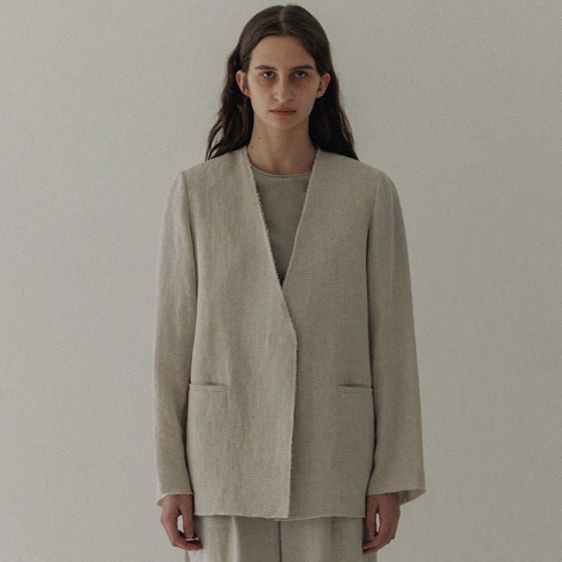 Damen Leinenblazer Lässig Ohne Verschluss Beige - Norvielle