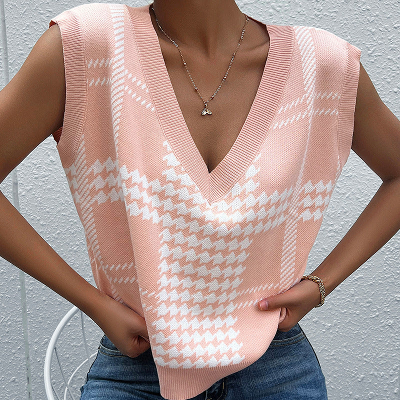 Damen Strickweste V-Ausschnitt Klassisches Muster Beige