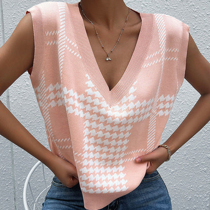 Damen Strickweste V-Ausschnitt Klassisches Muster Beige