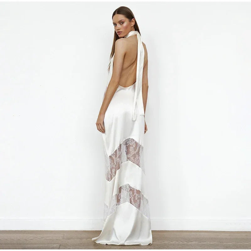 Damen Maxikleid Spitzenbesatz Elegantes