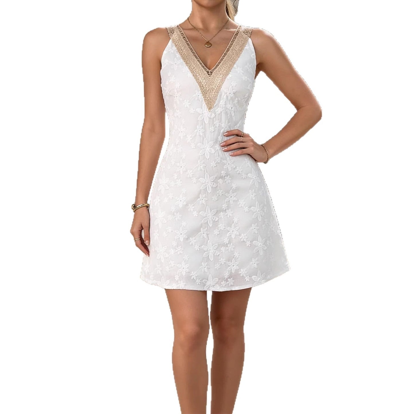 Damen A-Linien Kleid mit V-Ausschnitt Spitzenakzente Blumenmuster