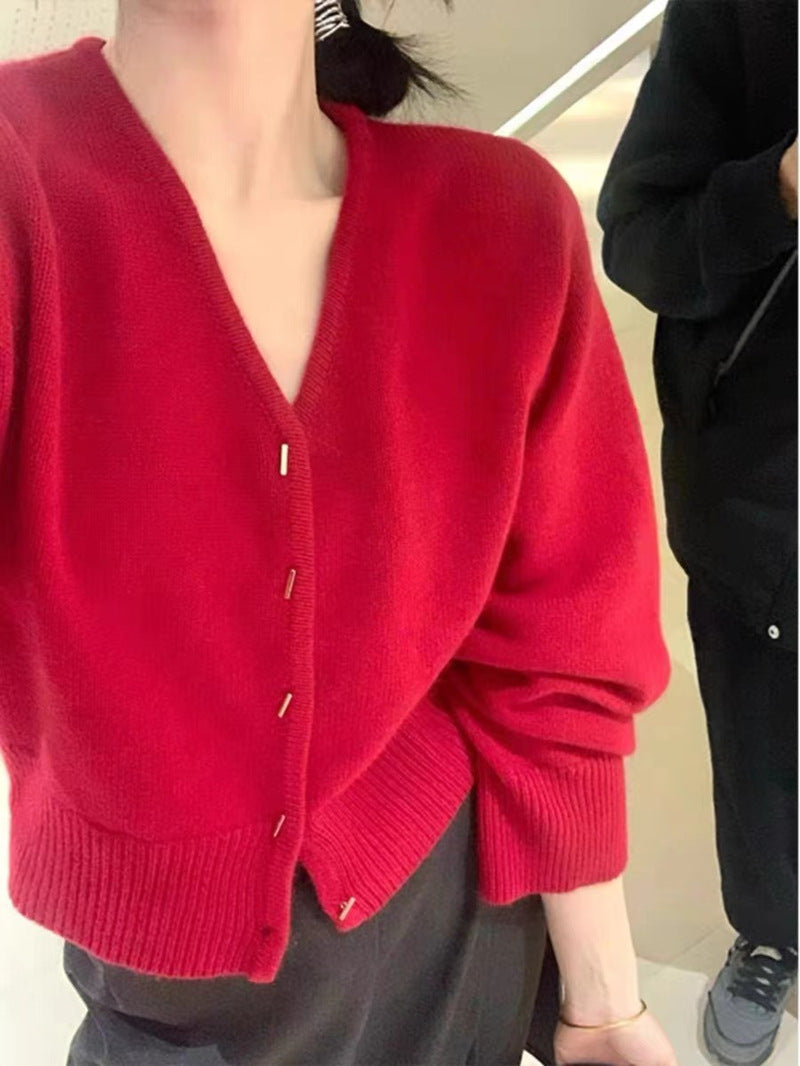 Damen Strickjacke V-Ausschnitt Elegante Knöpfe Norvielle