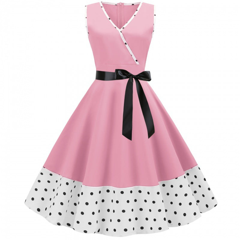 Damen Vintage-Swingkleid mit V-Ausschnitt und Taillengürtel