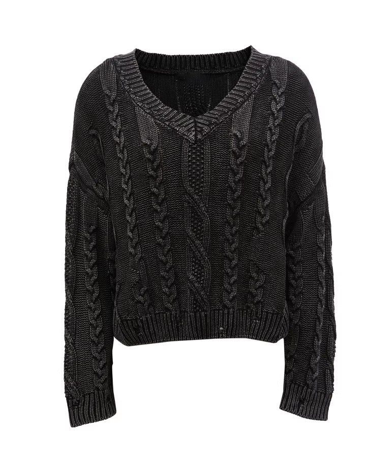 Damen Grobstrickpullover V-Ausschnitt Zopfmuster Norvielle