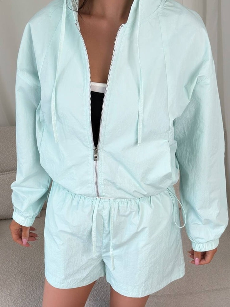 Damen Sportset Kurzarm Kapuzenjacke Elastisch