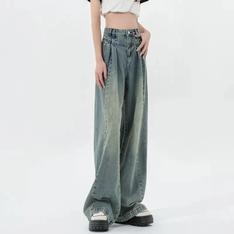 Damen Hochtaillierte Weite Jeans mit Falten