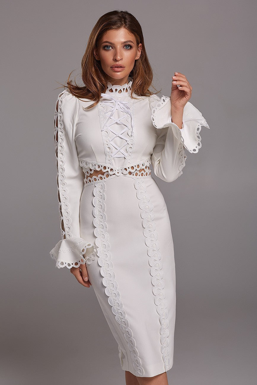 Damen Maxikleid Spitze Applikationen Schößchen Norvielle