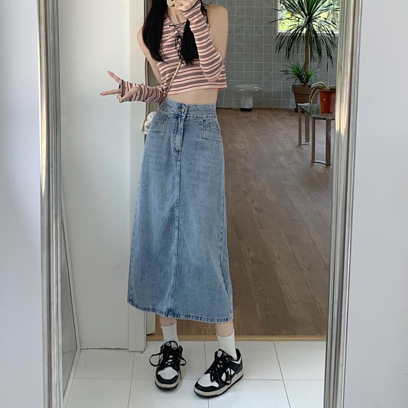 Damen Midi-Rock Denim Mit Schlitzen Blau - Norvielle
