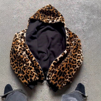Damen Kapuzenjacke Kuscheliges Fleece Innenfutter Animalmuster