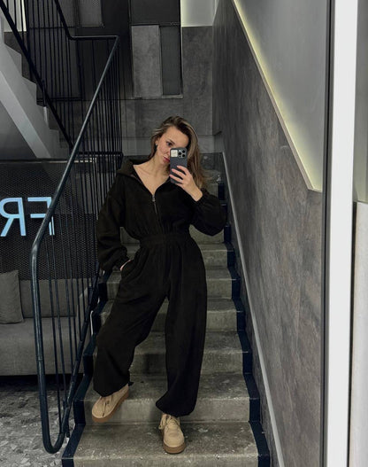Damen Fleece-Jumpsuit Elastischer Bund Praktischer Reißverschluss