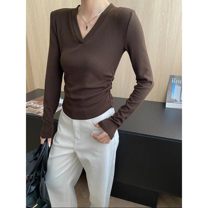 Damen Longsleeve-Oberteil V-Ausschnitt Raffung Norvielle - Norvielle