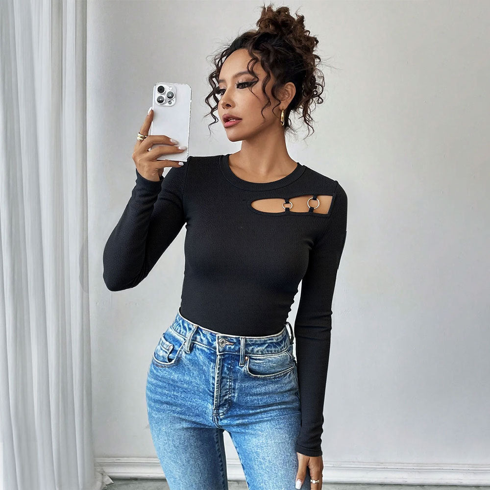 Damen Langarmshirt Asymmetrisch Cut-Out-Design Ringdetails Schwarz - Norvielle