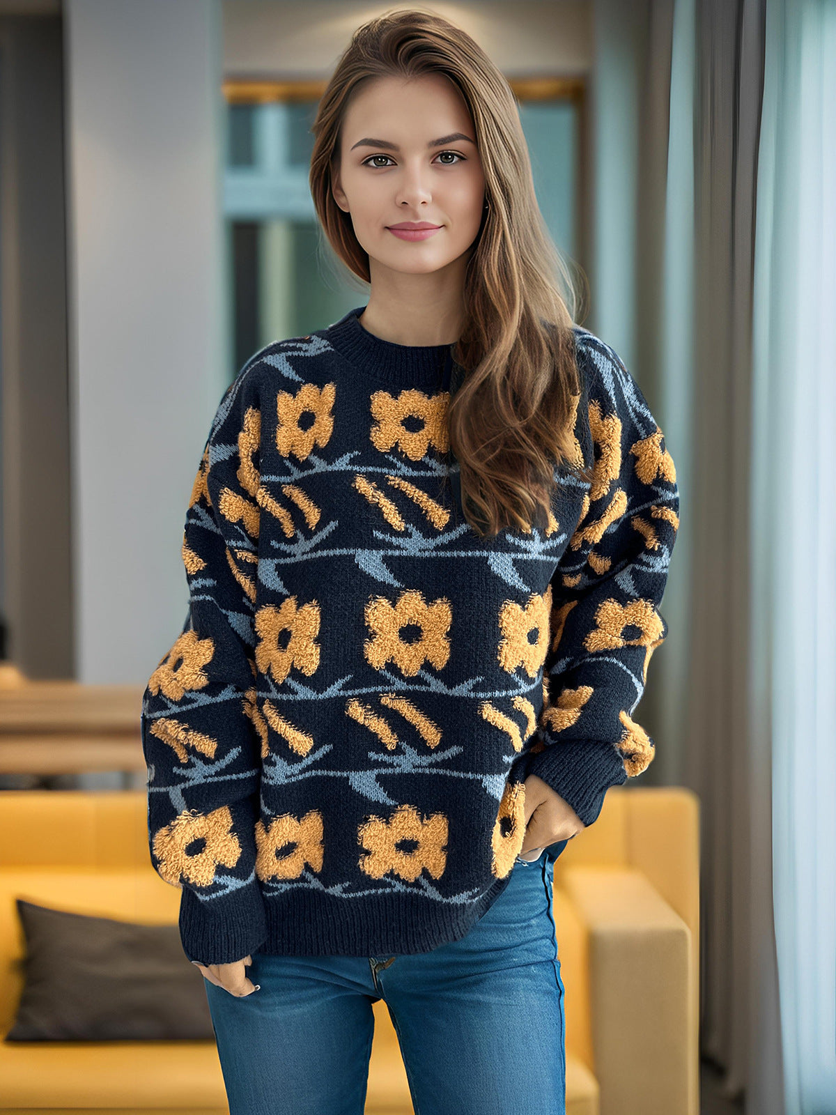 Damen Strickpullover Kuschelig Floral 3D-Applikationen Norvielle