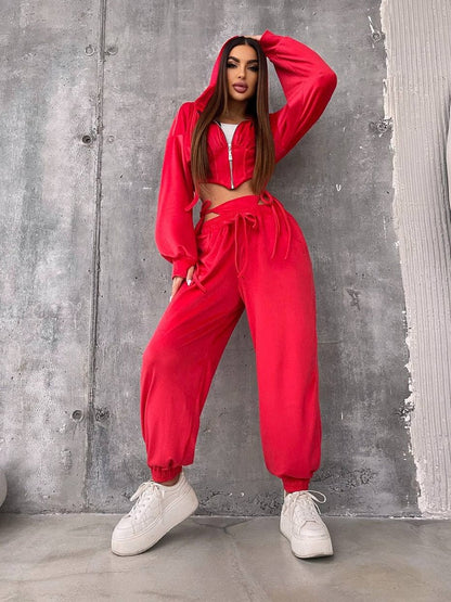 Damen Sportliches Velours-Cropped-Set mit Reißverschluss und