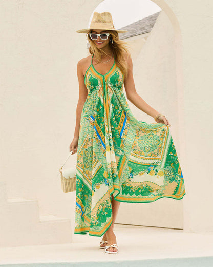 Damen Maxikleid Boho Stil V-Ausschnitt Asymmetrisch