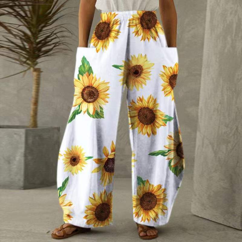 Damen Weite Blumenhosen Mit Taschen Elastischer Bund
