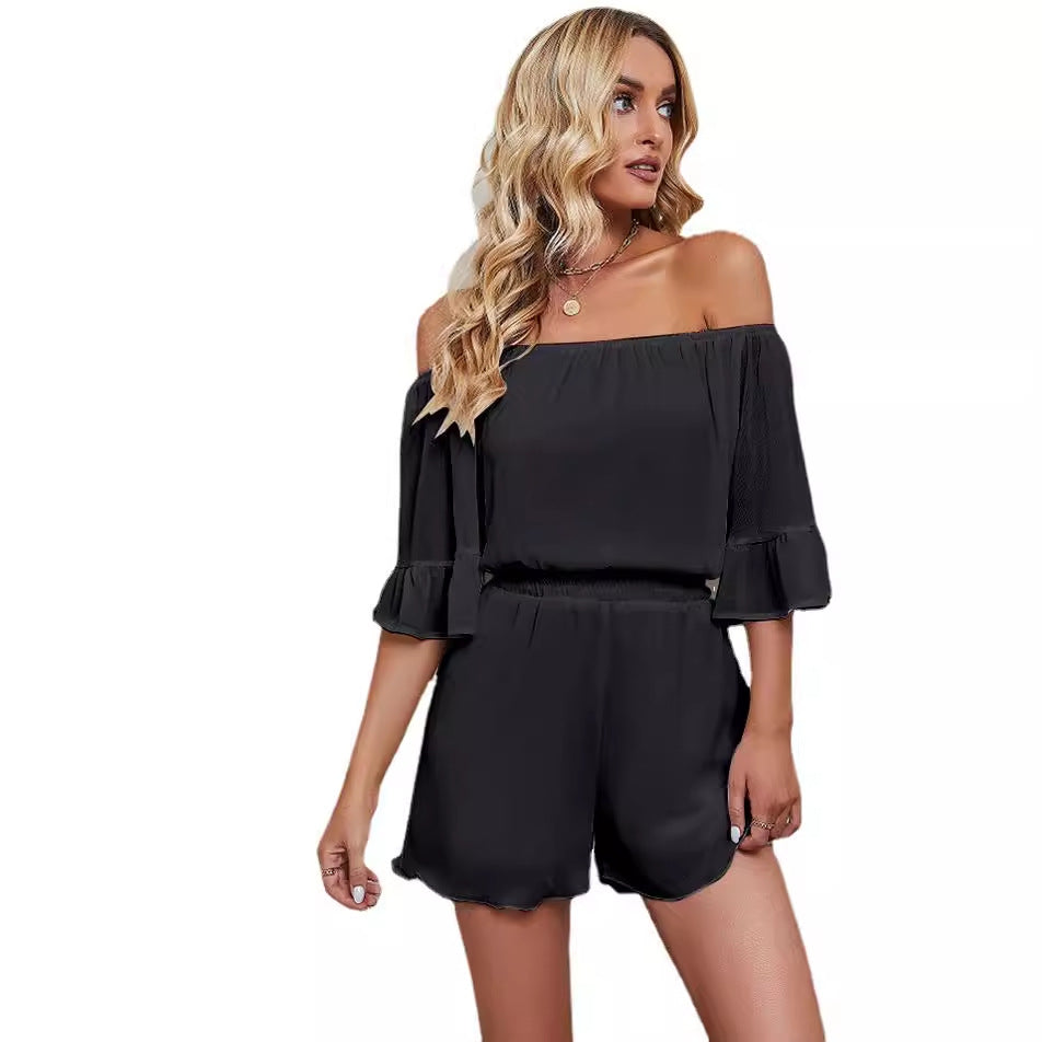 Damen Jumpsuit Off-Shoulder Voluminöse Ärmel Elastisch Beige