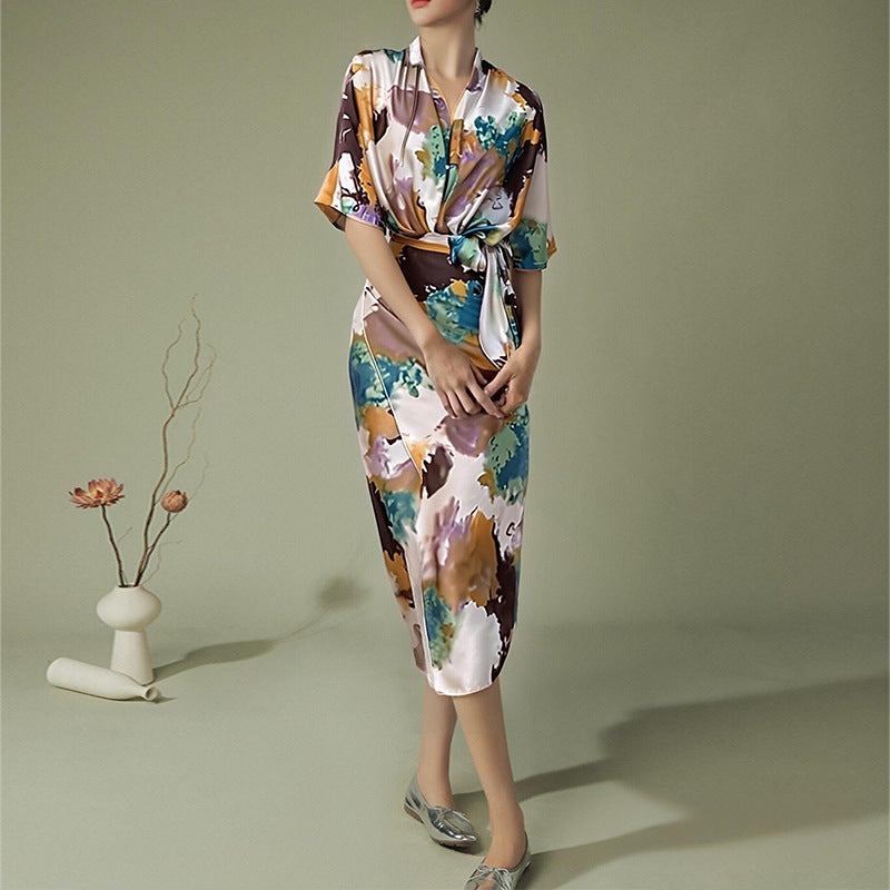 Damen Wickelkleid Kimono-Ärmel Taillengürtel