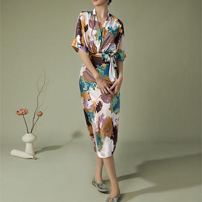 Damen Wickelkleid Kimono-Ärmel Taillengürtel