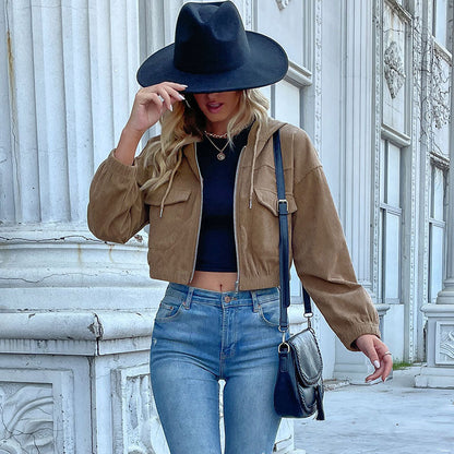 Damen Kurzjacke Cord mit Taschen und Kapuze Norvielle