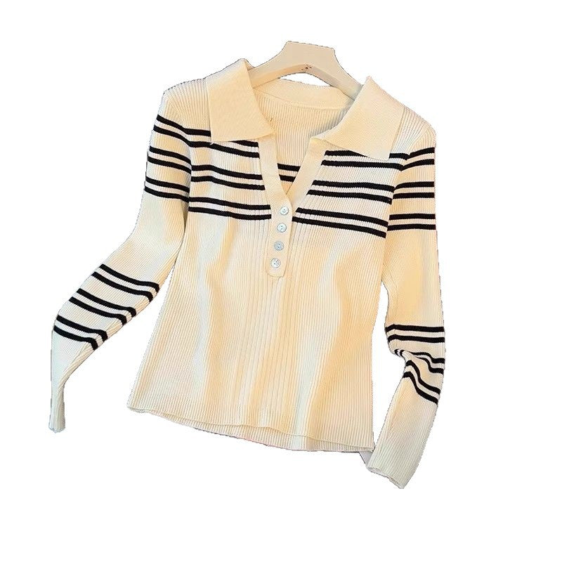 Damen Pullover Gestreift Knopfleiste Klassischer Kragen