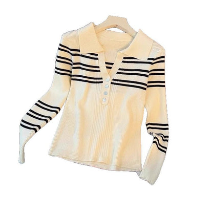 Damen Pullover Gestreift Knopfleiste Klassischer Kragen