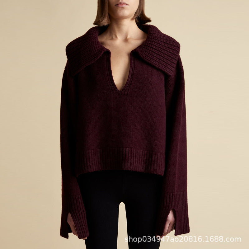 Damen Strickpullover V-Ausschnitt Übergroßer Kragen Norvielle
