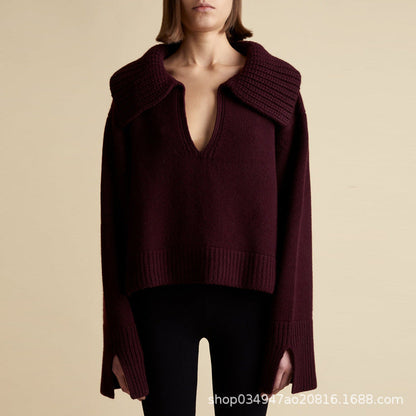 Damen Strickpullover V-Ausschnitt Übergroßer Kragen Norvielle
