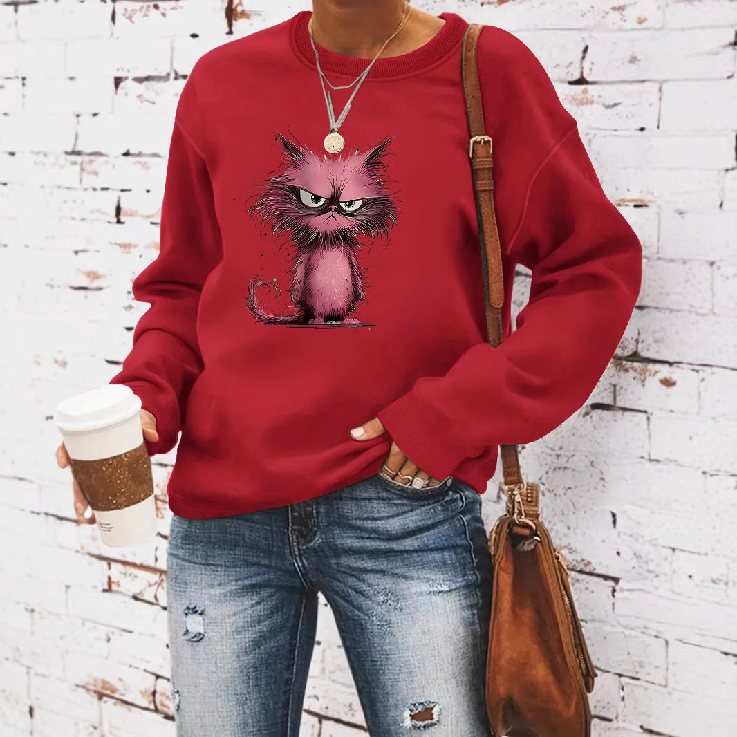 Damen Sweatshirt Katzenmotiv Baumwolle Weiß