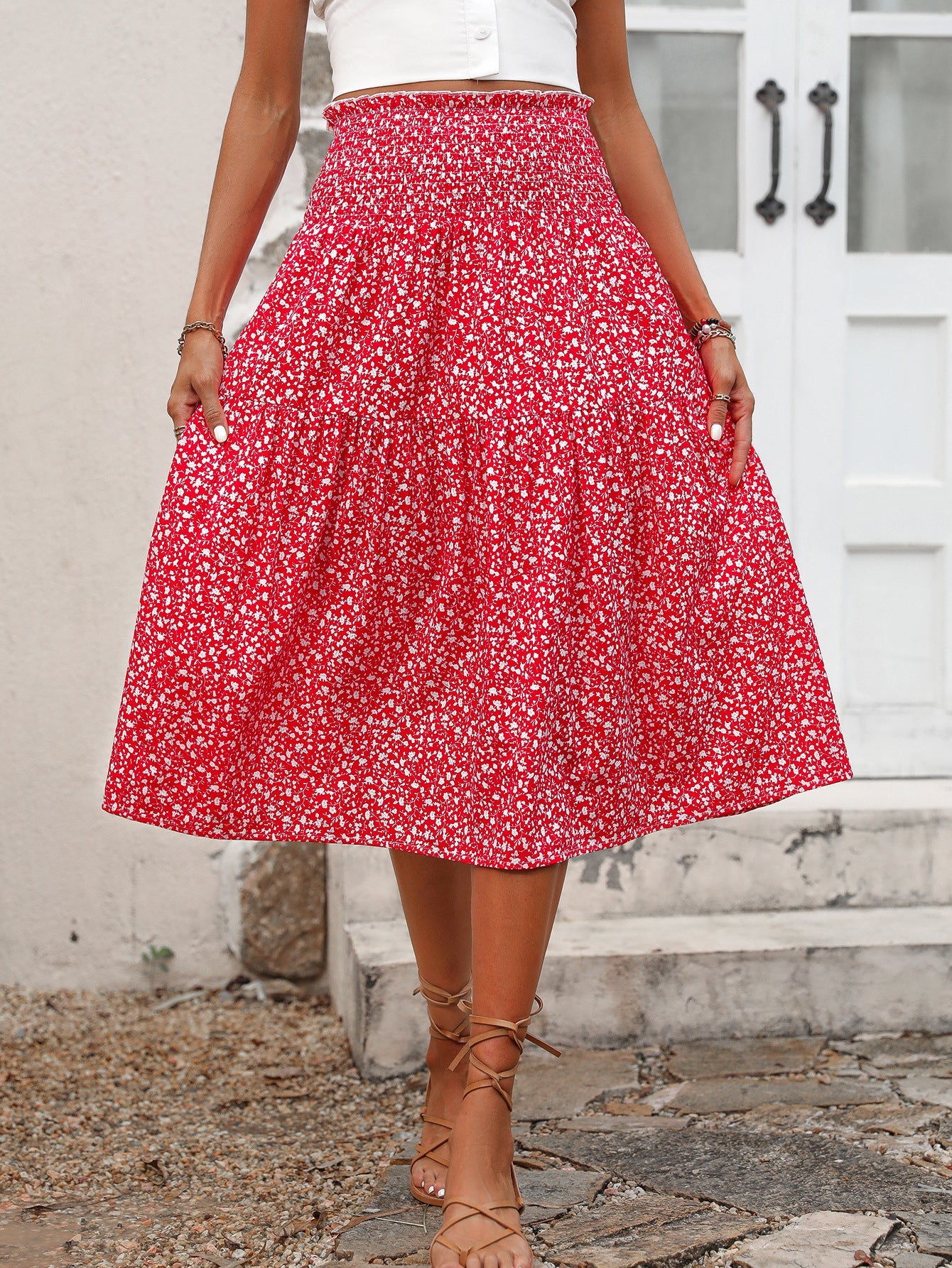 Damen Midirock Elastischer Taillenbund Florales Design