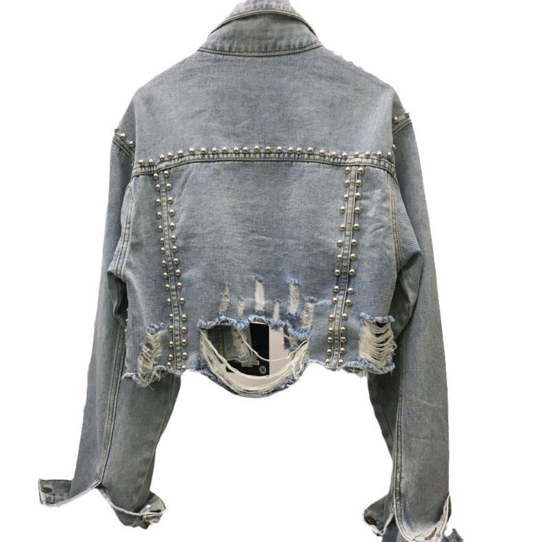 Damen Denimjacke Nieten Fransen