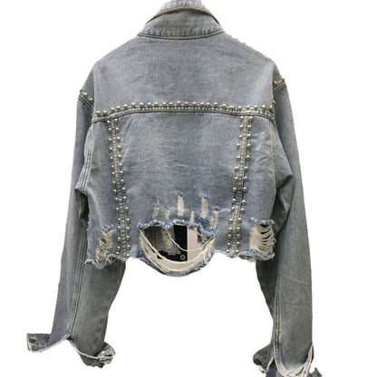 Damen Denimjacke Nieten Fransen