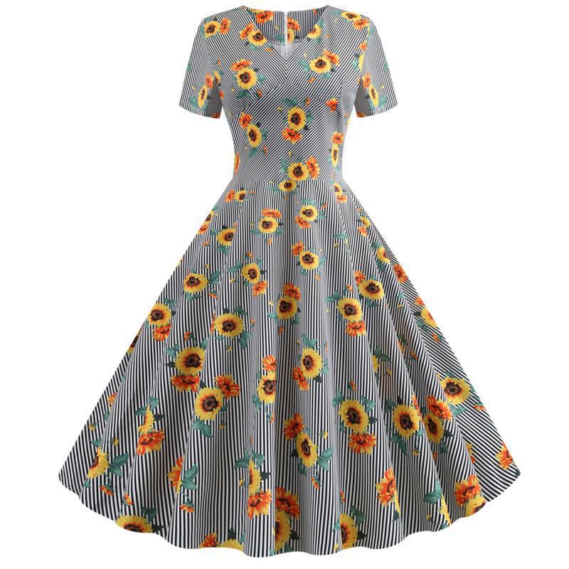 Damen Retro Swingkleid Florales Sonnenblumenmuster Tailliert Norvielle