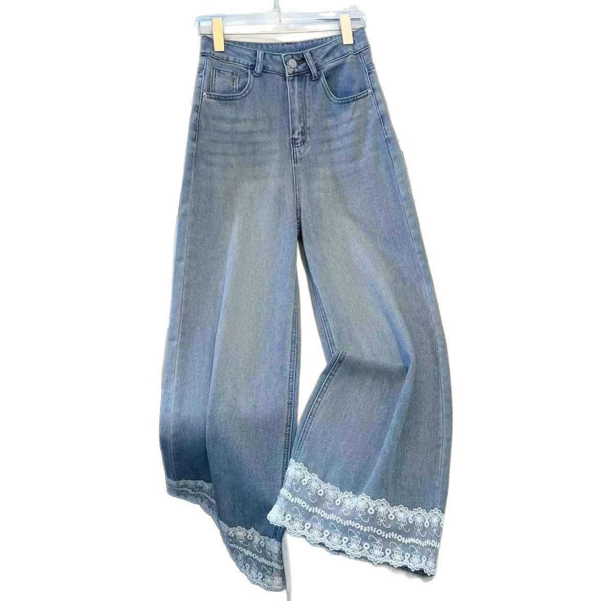 Damen Weite Jeans Spitzenbesatz