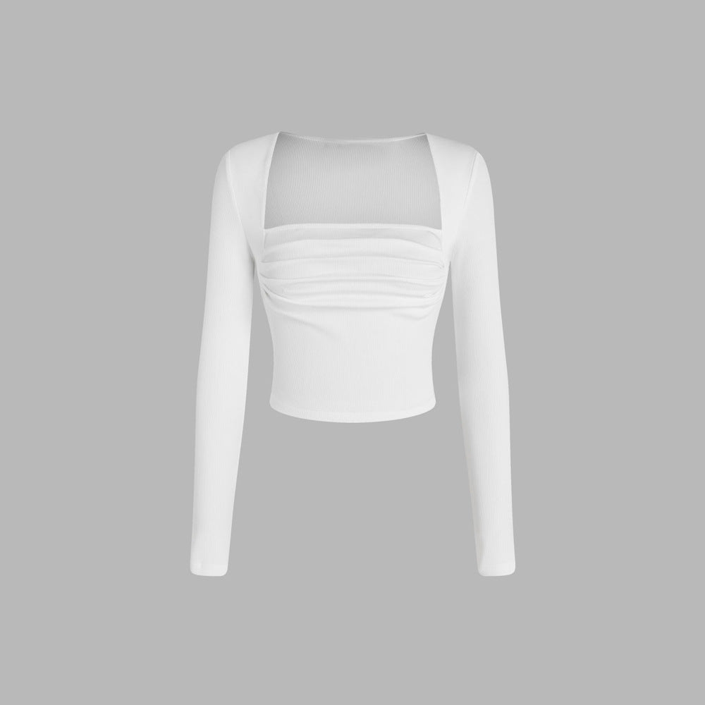 Damen Langarmshirt Rundhals Cropped Baumwolle Weiß