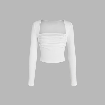 Damen Langarmshirt Rundhals Cropped Baumwolle Weiß