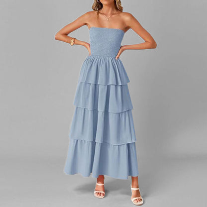 Damen Maxikleid Schulterfrei Voluminöser Stufenrock Norvielle