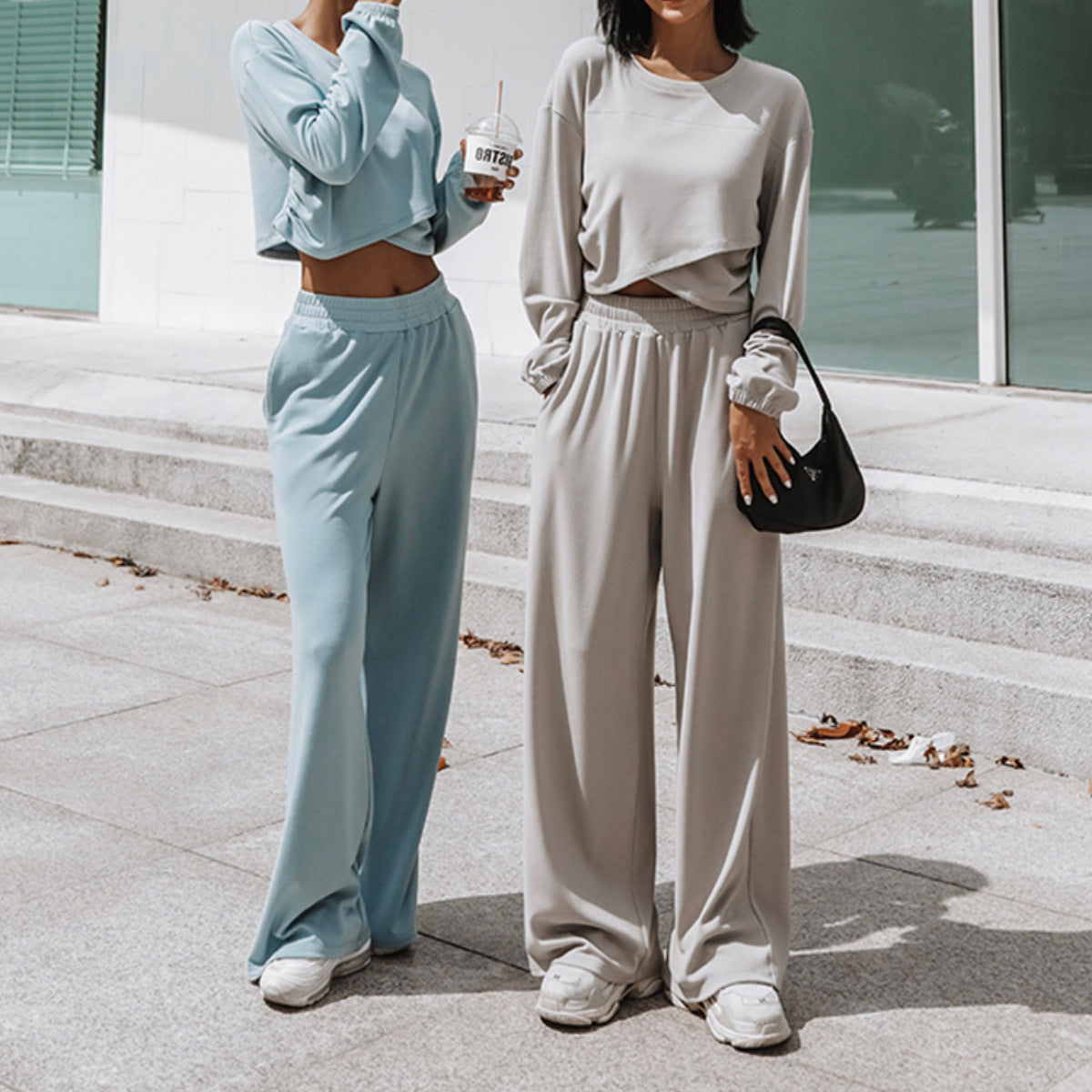 Damen Sweatshirt Set Cropped mit weiter Jogginghose Norvielle - Norvielle