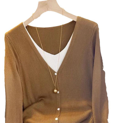Damen Strickjacke V-Ausschnitt Feine Knöpfe Beige