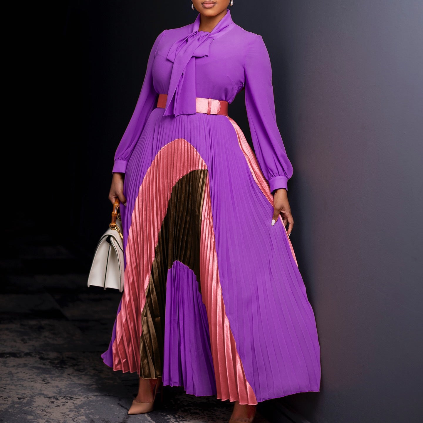 Damen Maxikleid Eleganter Schlitz Krawattenkragen Norvielle