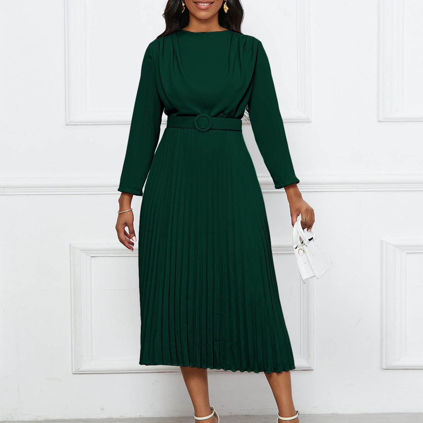 Damen Plisseekleid Mit Gürtel Elegante Falten Norvielle