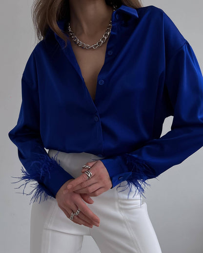 Damen Bluse Bunt Federn Eleganter Schnitt