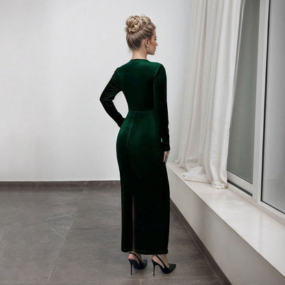 Damen Maxikleid Langarm Drapierter Stil Norvielle