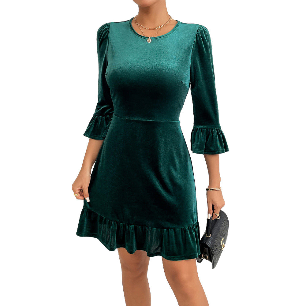 Damen Samt Minikleid Rüschendetails Voluminöse Ärmel