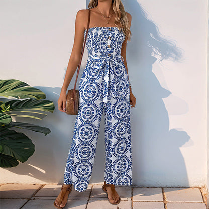 Damen Jumpsuit Floralmuster Baumwolle Taillengürtel Schwarz - Norvielle