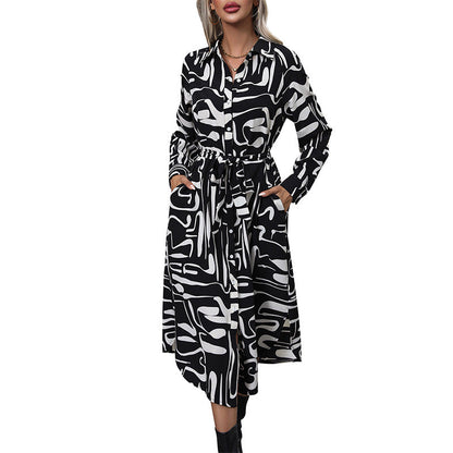 Damen Langarmkleid mit Muster und Taillengürtel