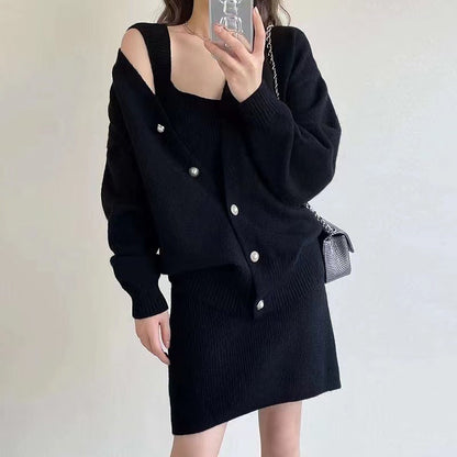 Damen Langstrickkleid V-Ausschnitt Lässig Knopfleiste Norvielle