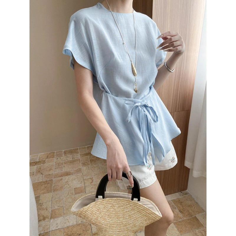 Damen Oberteil mit Bindegürtel und Volumenärmeln Norvielle - Norvielle
