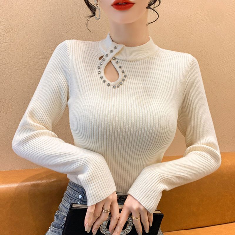Damen Langarmshirt Eleganter Ausschnitt Schmuckdetails Norvielle