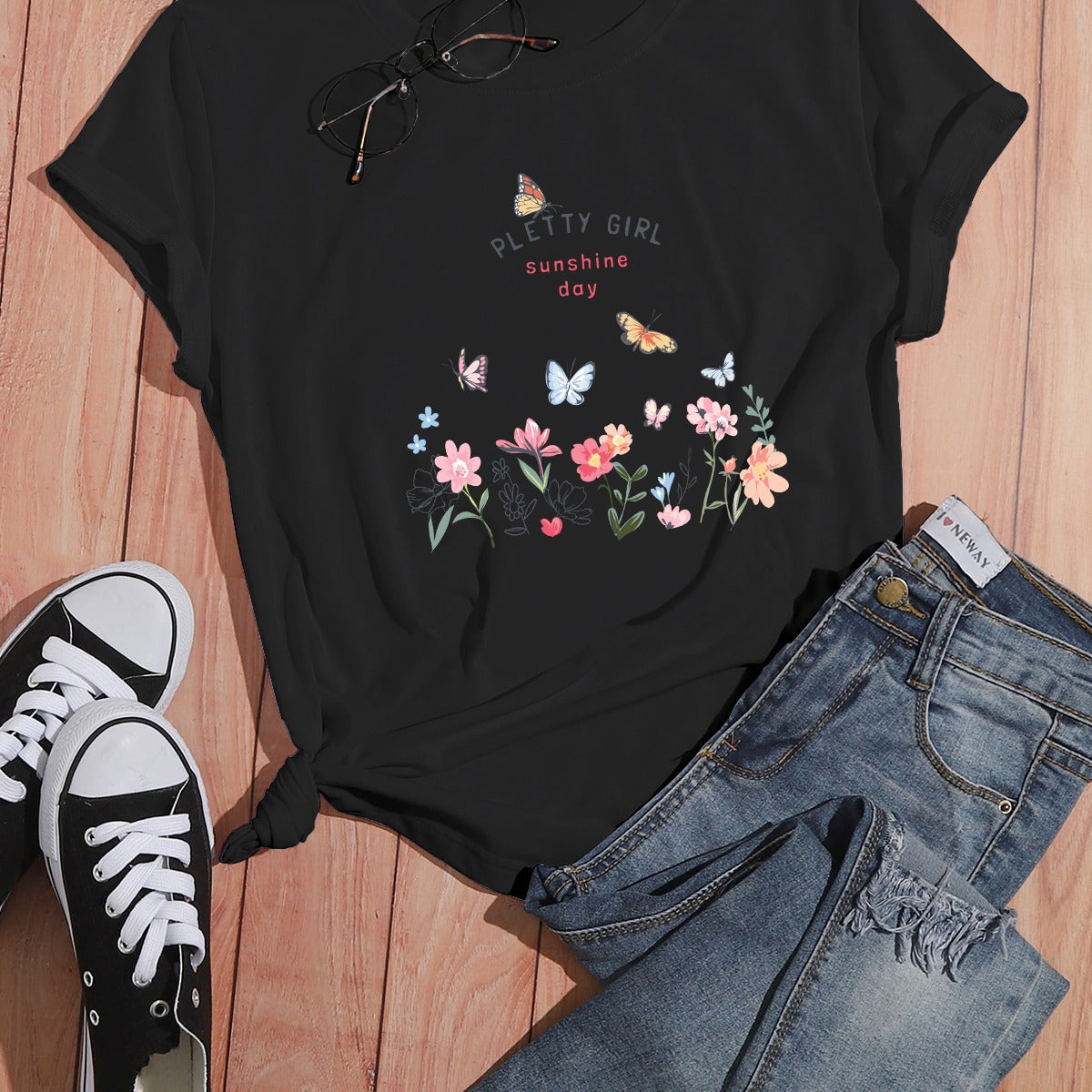 Damen T-Shirt Blumendruck Weiß